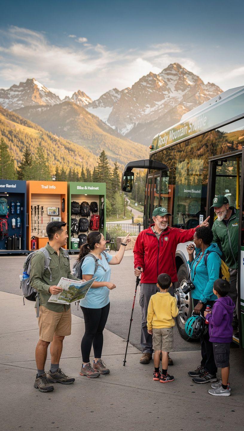 Профессиональный гид, объясняющий особенности использования шаттла и аренды снаряжения посетителям национального парка.