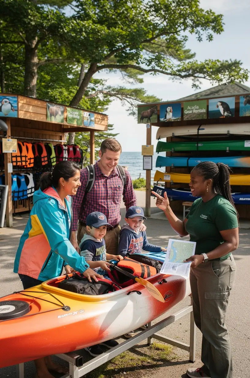 Пункт проката туристического снаряжения с разнообразием палаток, рюкзаков и походной экипировки на фоне природного пейзажа.